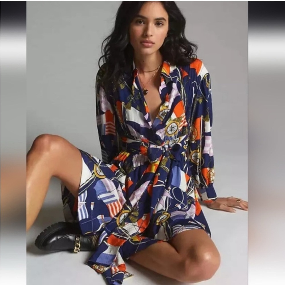 Anthropologie Maeve L Nautical Print Navy Multicolor Colorful  Mini Shirt Dress - Picture 2 of 11